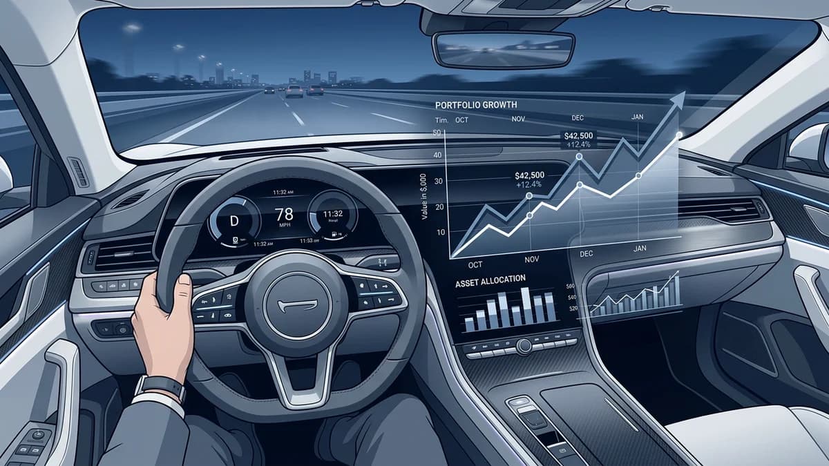 A clean, modern, and professional editorial illustration showing a high-end, minimalist automotive dashboard integrated with a digital financial graph overlay. The aesthetic should be neutral, using a